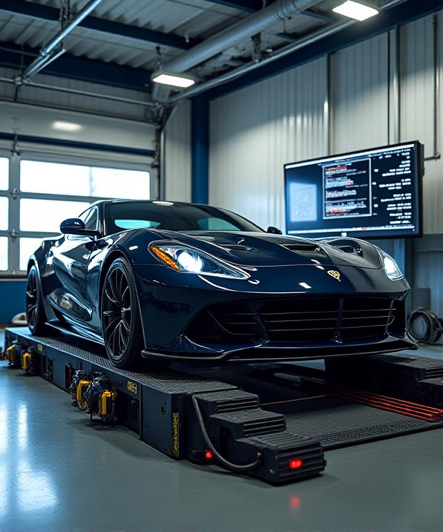 Coche en un banco de potencia dinamométrico con gráficos de rendimiento