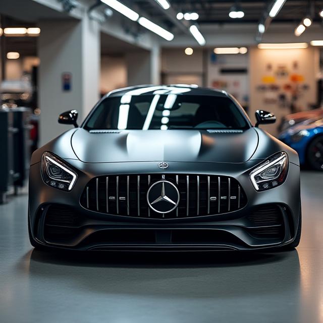 Mercedes AMG GT con vinilo negro mate en un taller
